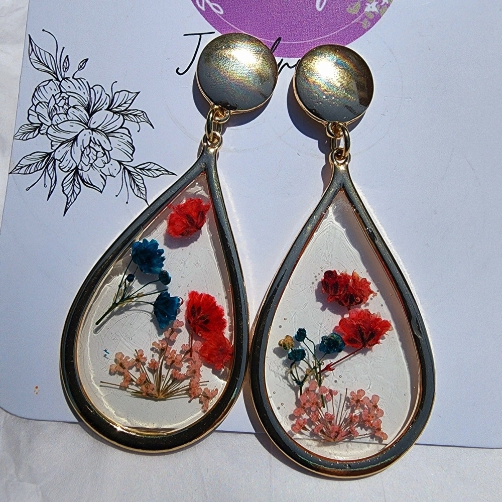 Gold Teardrop Earrings with Floral Design
